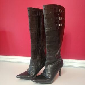 Lauren Ralph Lauren LRL Jennison II Black Croc Leather Boots Size 6B